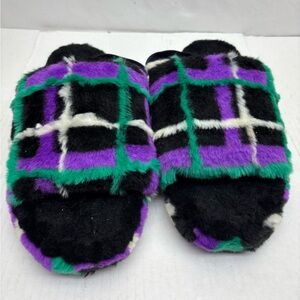 Ugg Fuzzy Plaid Slide Slippers in Black, Purple & Green, SZ 11, box 30